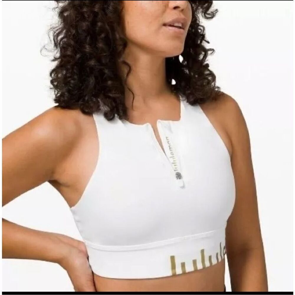 Lululemon Energy Bra High Neck Long Line Size 6 White Gold Special Edition Zip‎